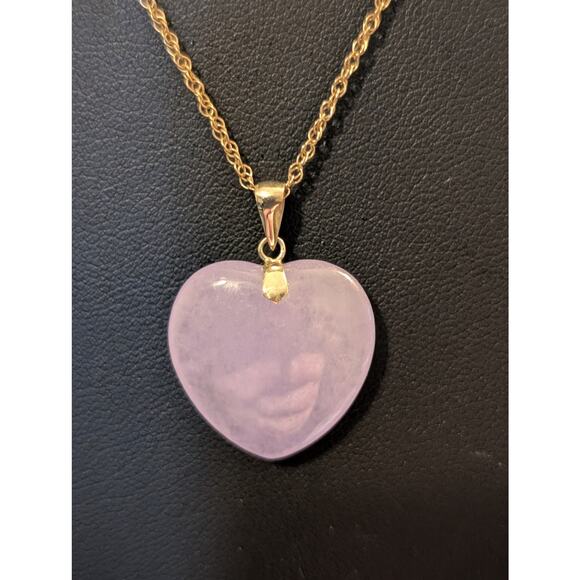 Lavender Jade Heart 14k Yellow Gold Pendant 18" Rope Chain Necklace - Picture 4 of 7